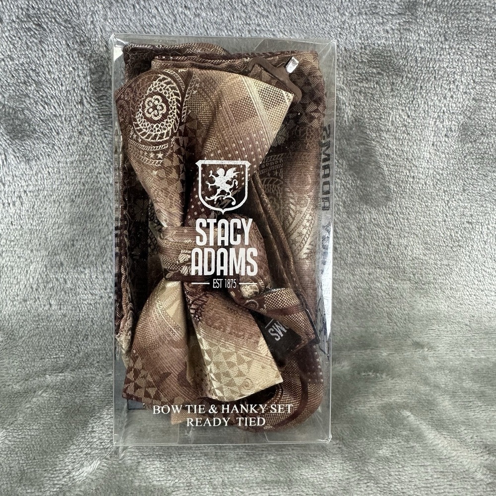 Stacy Adams Bow Tie Hanky Set Brown Geometric Print Ready Tied Microfiber NEW - Picture 1 of 5